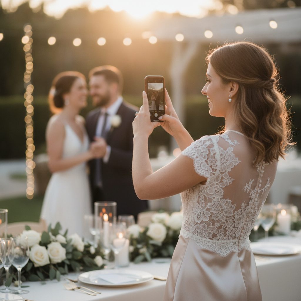 Hochzeitsgast fotografiert das Brautpaar mit dem Smartphone