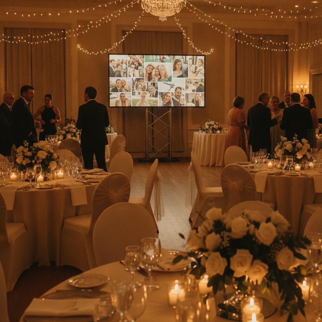 Eleganter Hochzeitssaal am Abend mit großer Leinwand voller Gästefotos